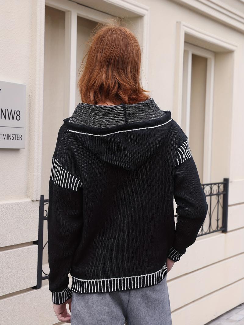 Men's Star Knit Hoodie - Black & White Hooded Sweater, Casual Street Style Fall Knitwear, Long Sleeve Pullover, Classic Menswear Top