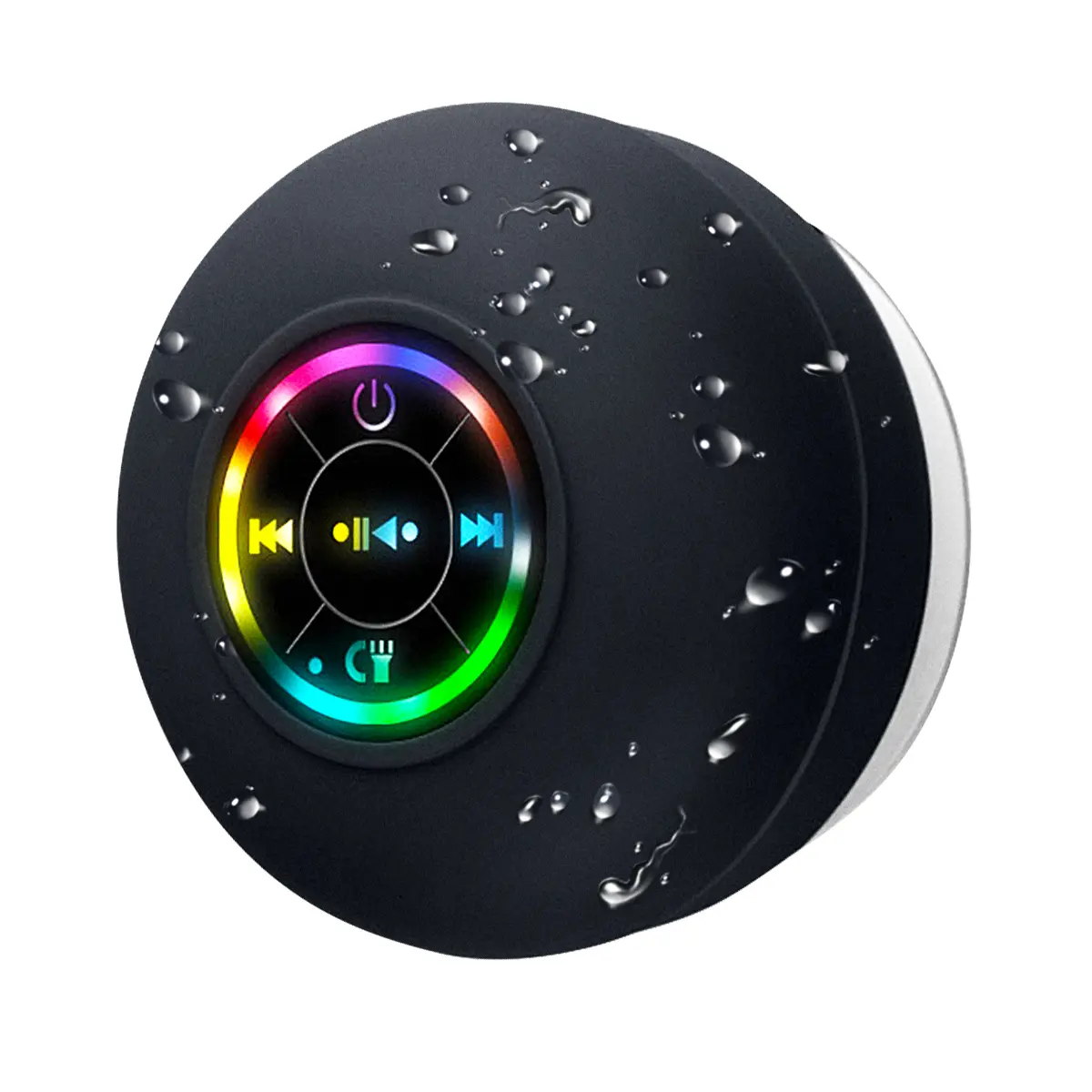 Portable Waterproof Bluetooth Speaker - Cordless, Suction Cup, LED Lights, Rechargeable Battery Powered, Hands-Free Function, Bathroom Gadget - for Home, Smartphones (Black)