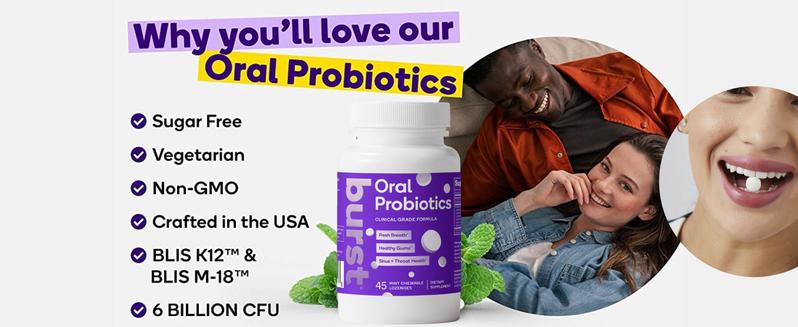 BURST Oral Probiotic - Bad Breath Support for Adults - Chewable Dental Oral Probiotics for Immune Support, Fresh Breath with Blis K12 & M18 - Mint (45 Count)
