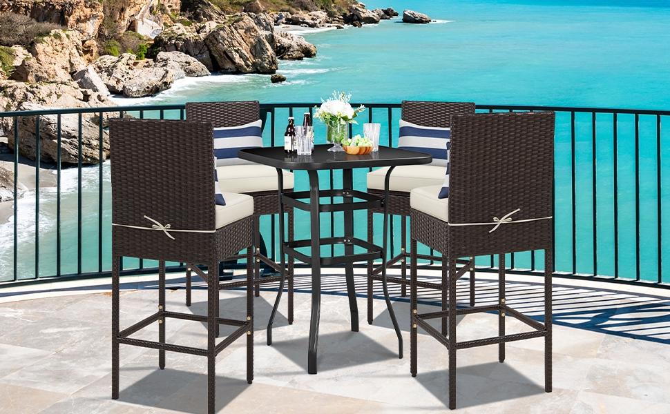 Yaheetech Set of 2 Patio Bar Stools, Outdoor PE Rattan Bar Height Chairs with Cushions & Footrests & Backrest for Indoor, Outdoor, Backyard, Porch, Max.Load 300Lb, Brown/Beige