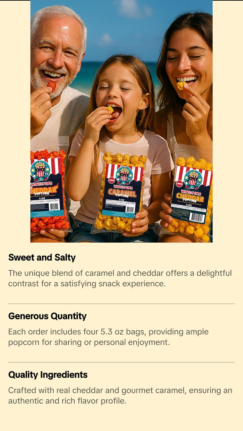 Wisco Pops Caramel Cheddar Popcorn, Large Mix, 5.3 oz, 4-Pack, Wisconsin's Best