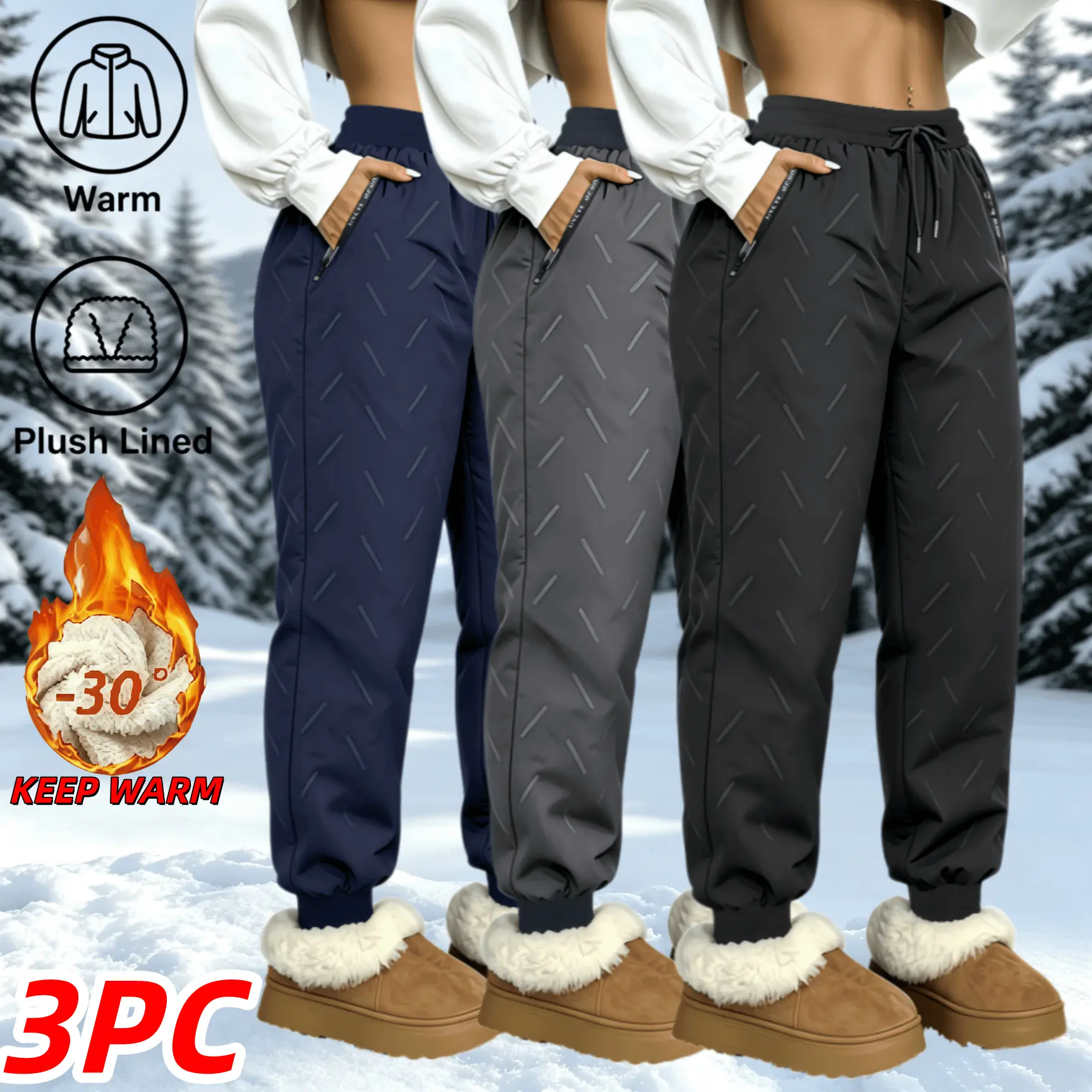 Ladies' extreme cold -30 ° F lined snow running shoes, windproof and waterproof high waisted drawstring warm winter pants, high waisted drawstring elastic zipper pocket sports pants, suitable for skiing, hiking, outdoor daily cold weather wear