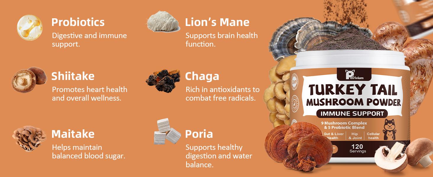 Turkey Tail Mushroom Powder for Dogs&Cats-JUMBO SIZE-120 servings,For Lumps & Bumps, Immunity,Respiratory, Digestion & Cellular Health-UPGRADED FORMULA