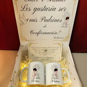 Padrinos de Confirmacion Gift Box - Includes Set of Two 11oz Mugs for Godparents - Perfect Confirmation Proposal Set