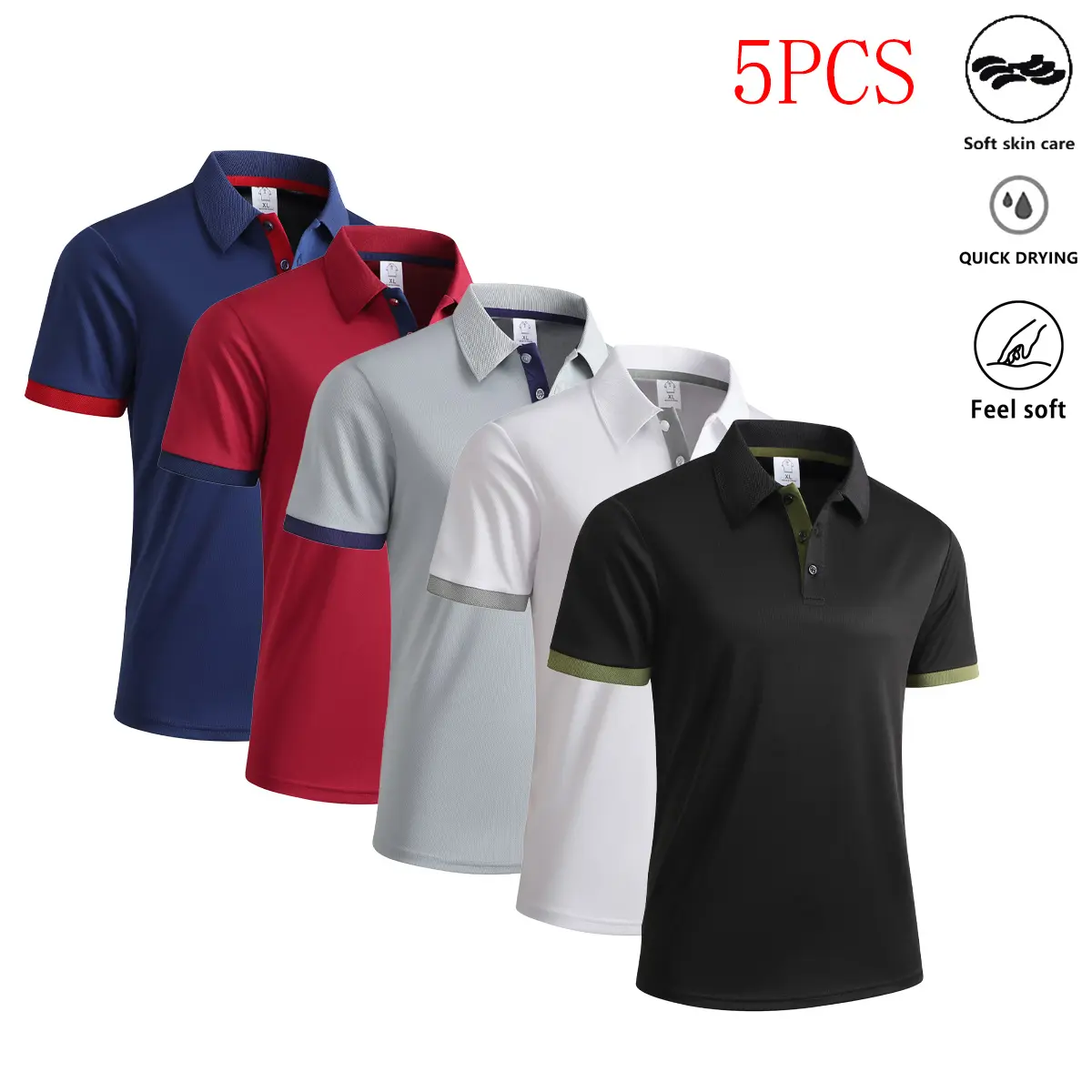 Men’s 5-Pack Colorblock Polo Shirts - Polyester Clothing, Sporty Chic, Breathable Dry Fit Short Sleeve Athletic Casual Summer Tops, Versatile Menswear, Quick Drying, Contrast Color Polo Shirts, Lightweight Breathable Polo Shirts