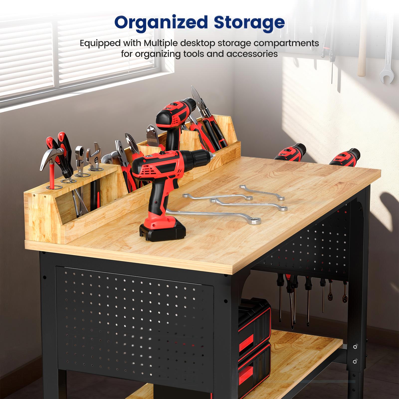 48'' Workbench Adjustable Height with Storage, Heavy Duty 2200 LBS Load Capacity Work Table with Pegboard, Power Outlet and Wheels, Work Bench for Workshop, Garage, Office, Commercial, Home