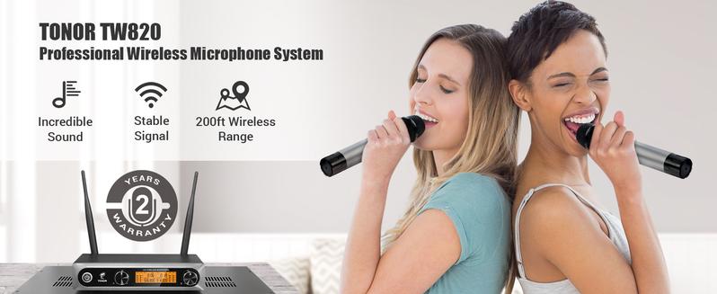 TONOR TW-820 Wireless Microphone System - Metal Dual UHF Cordless Microphones for Home Karaoke, DJ, Wedding, and More with Clear Sound Quality