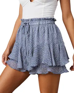 Female Boho Style Floral Pattern Chiffon Skorts - Ruffled Mini Skirts with Flowy Shorts for Casual Wear, Running, Tennis
