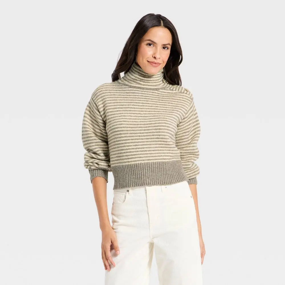 Women's Mock Turtleneck Button Pullover Sweater - Jersey, Polyester, Nylon Fabric Garment for Universal Wear, Ribbed