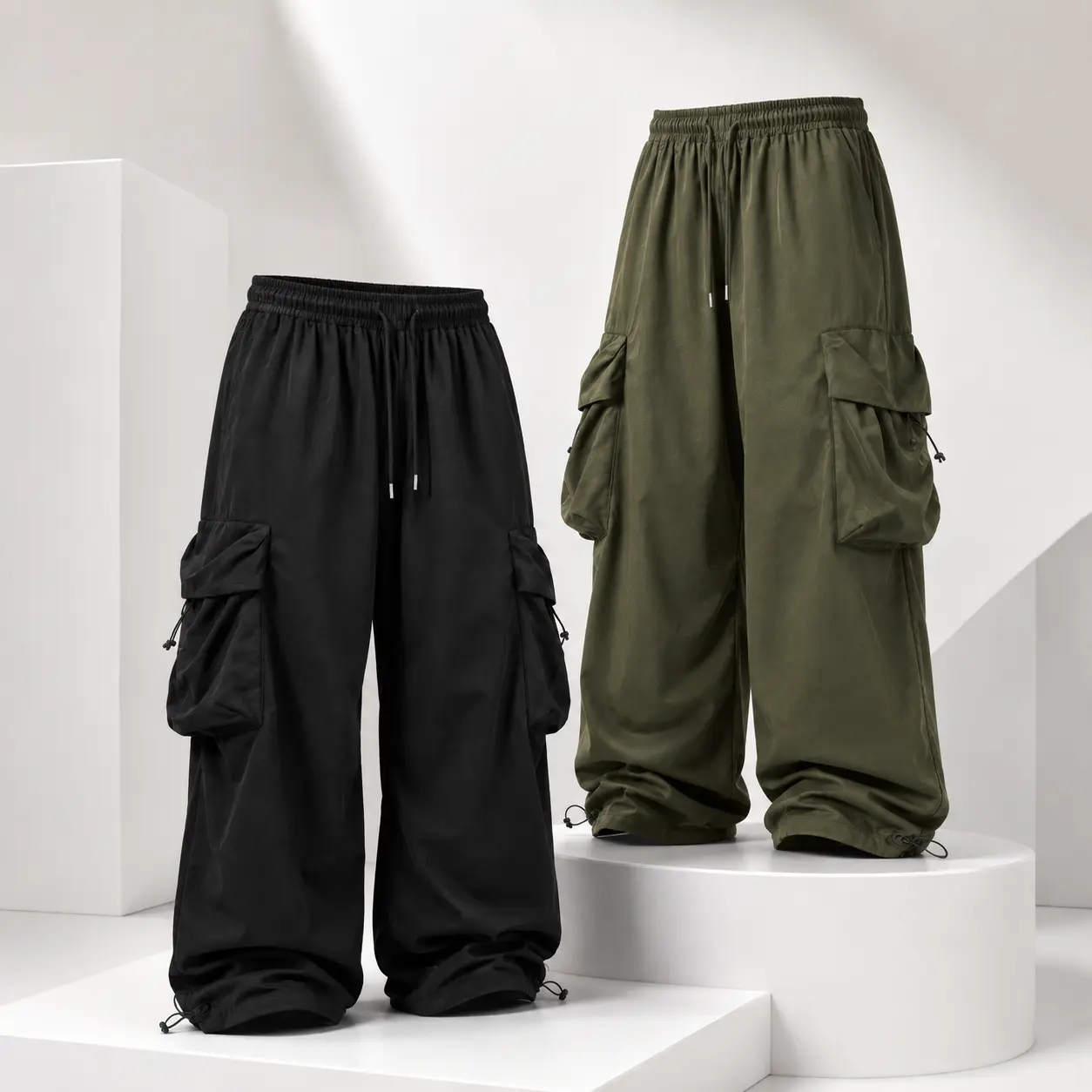 Men's Baggy Parachute Cargo Pants - Elastic Waist Adjustable Drawstring Wide Leg Bottoms, Big Side Pockets, Basic Comfortable Everyday Street Casual Unisex Trousers
