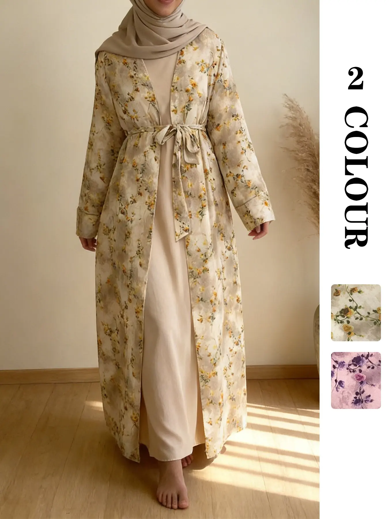 Spring Summer Versatile Chiffon Printed Abaya with Pockets, Wide Sleeve Design, Wrinkle Resistant, Easy Care, Perfect for Work/commute