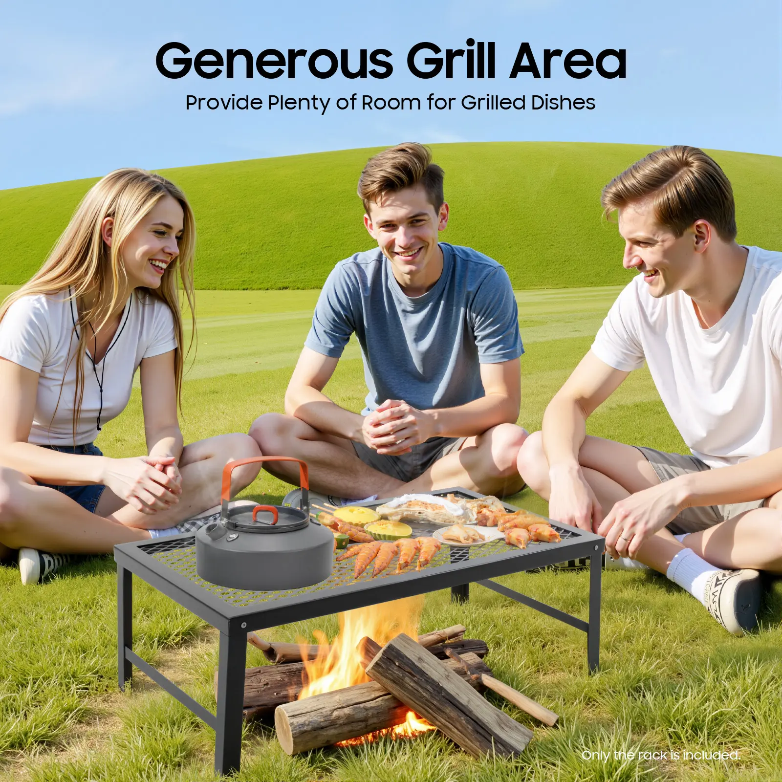 Portable Folding Camping Grill Rack, Heavy Duty Iron Mesh Fire Pit Cooking Grate, 44 lbs Capacity, Lightweight Foldable Barbecue Stand for Outdoor