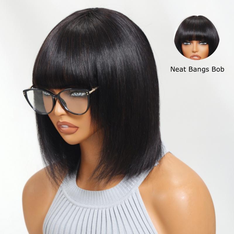 UNice Glueless Silk Straight Short Bob Wig with Bangs Full Machine Made Human Hair Wigs for Natural Looking