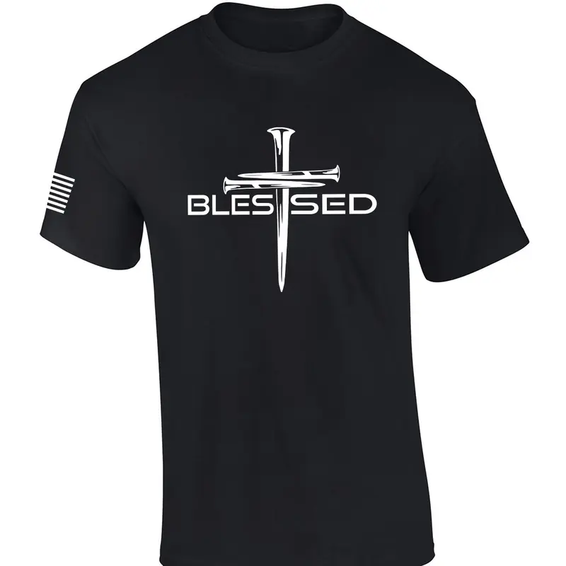 TRENZ SHIRT COMPANY Men's Cotton Casual Classic Short-Sleeve T-Shirt, Christian Graphic Tee with Nail Cross & Blessed Design