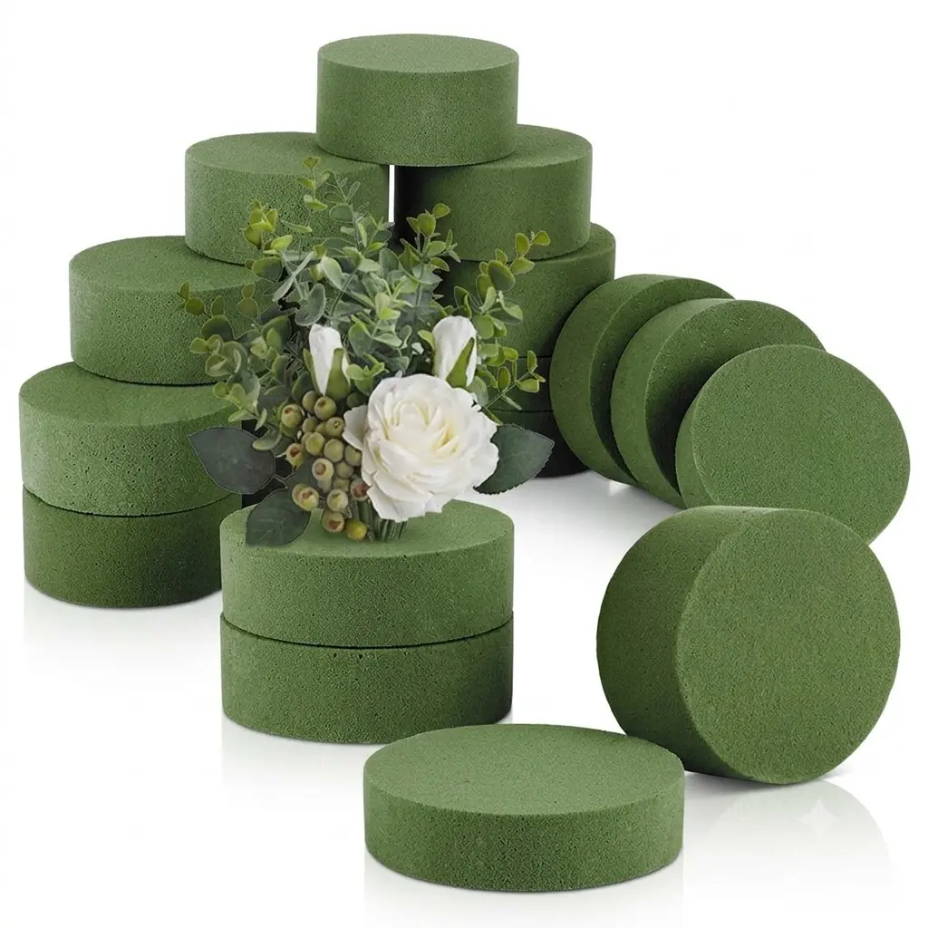 Set of 15 Green Floral Foam Bricks, Dual-Use Wet & Dry Round Florist Foam Blocks, Firm Flower Base for Fresh Blooms & Artificial Flower DIY Arrangements