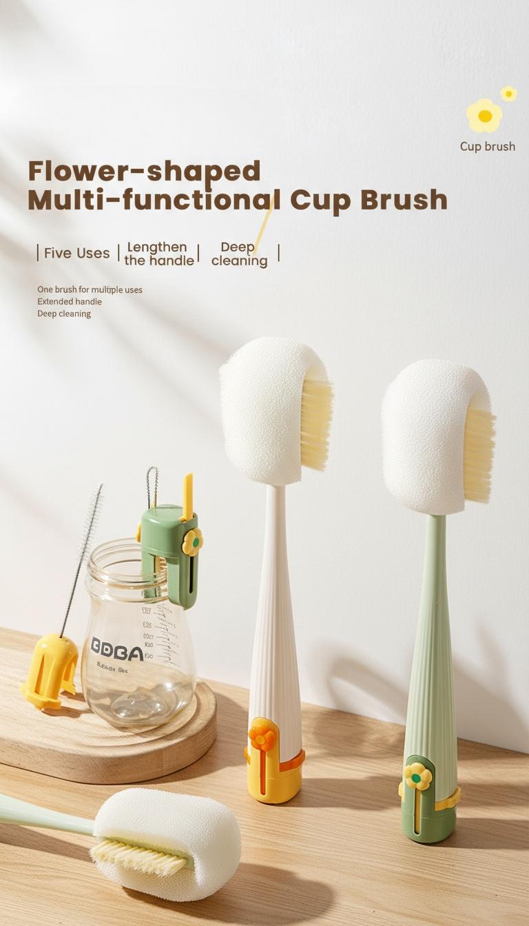 5-in-1 Bottle & Straw Cleaning Brush – Multifunctional Tool for Bottles, Cups, Straws (Cream White/Jasmine Green)-suhui