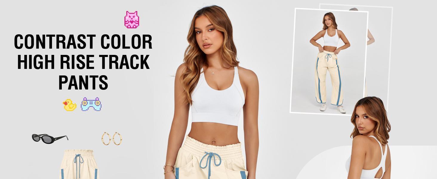 Imily Bela Women's Baggy Wide Leg Pants Casual Drawstring Elastic Waisted Contrast Color Workout Y2K Track Pants for All Seasons - Wideleg