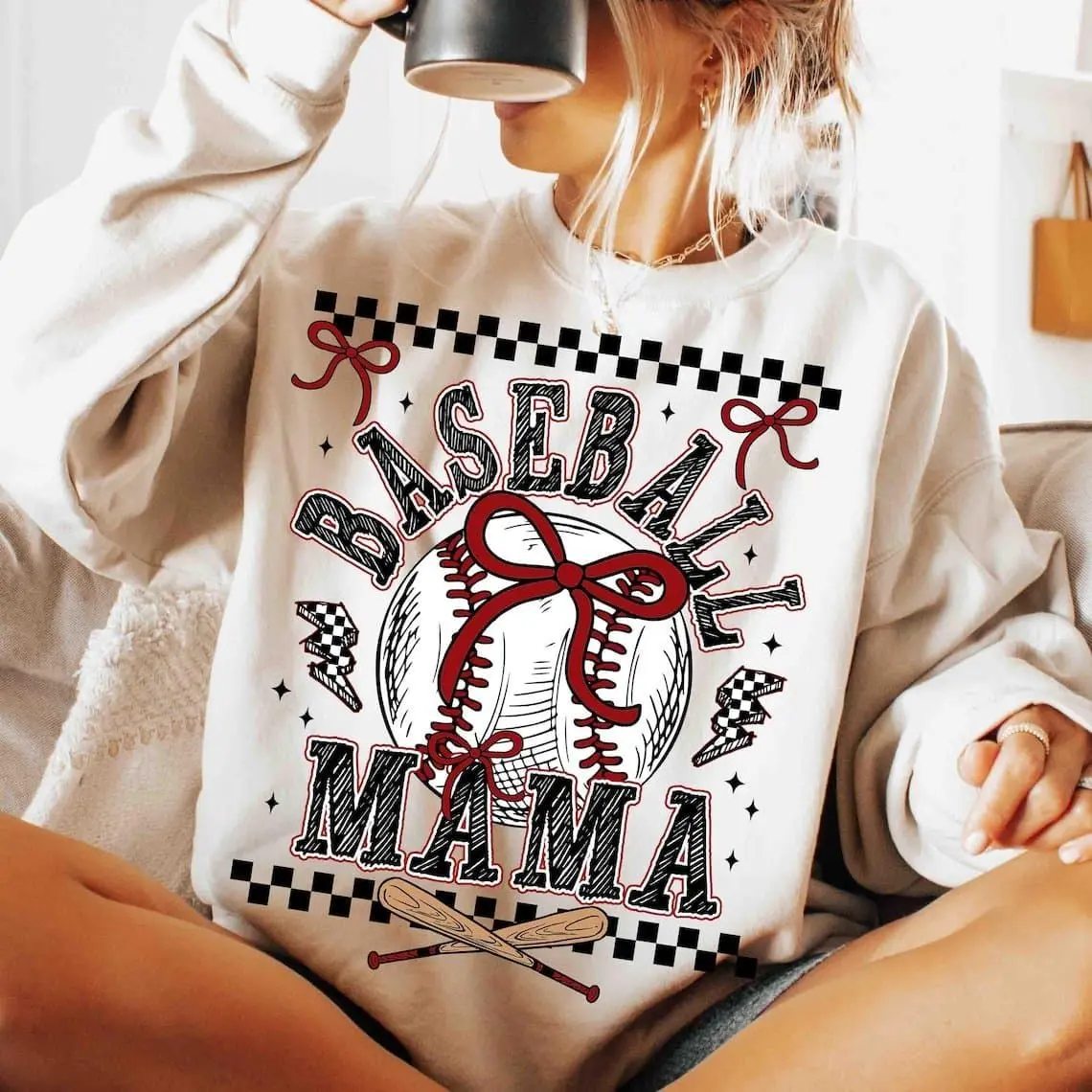 [Sale off up to 50%] Retro baseball Mama Sweatshirt, Checkered, baseball Coquette Bow, baseball Bow, Retro baseball Mama, streetwear graphic tee