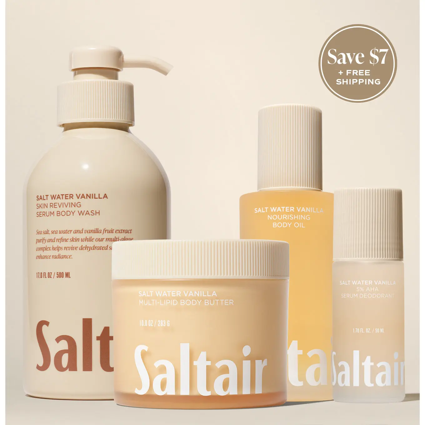 Saltair Salt Water Vanilla Bodycare Vault Set - Serum Body Wash (17 fl oz), Serum Deodorant (1.7 fl oz), Nourishing Body Oil (4 fl oz) & Multi-Lipid Body Butter (10 oz) Bundle for Soft, Glowing Skin -  Vanilla, Sea Salt, Creamy Sandalwood