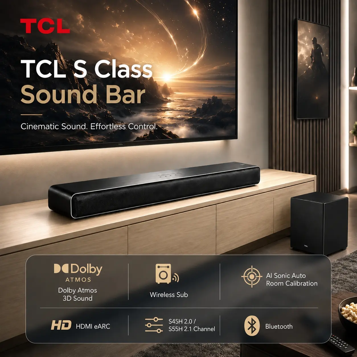 TCL S55H 2.1 / S45H 2.0 Sound Bar with Wireless Subwoofer for Smart TV | Dolby Atmos DTS:X Auto Room Calibration| 220W Power Wireless Bluetooth Home Theater Audio | App Control & Remote Control | Latest Model tiktokshopbacktoschool