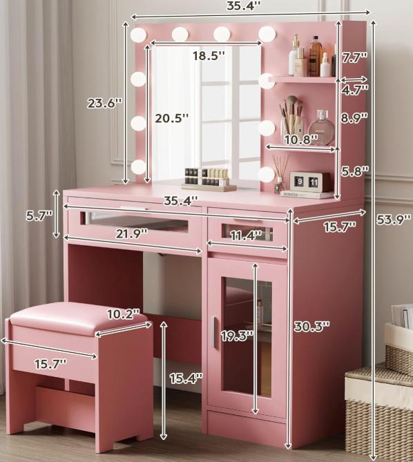 WeCharmer Vanity Desk Set with Round Mirror, Vanity with Lights, Makeup Vanity with Mirror, 3 Lighting Modes, for Bedroom Furniture Table Storage Drawer Modern Design Organizing