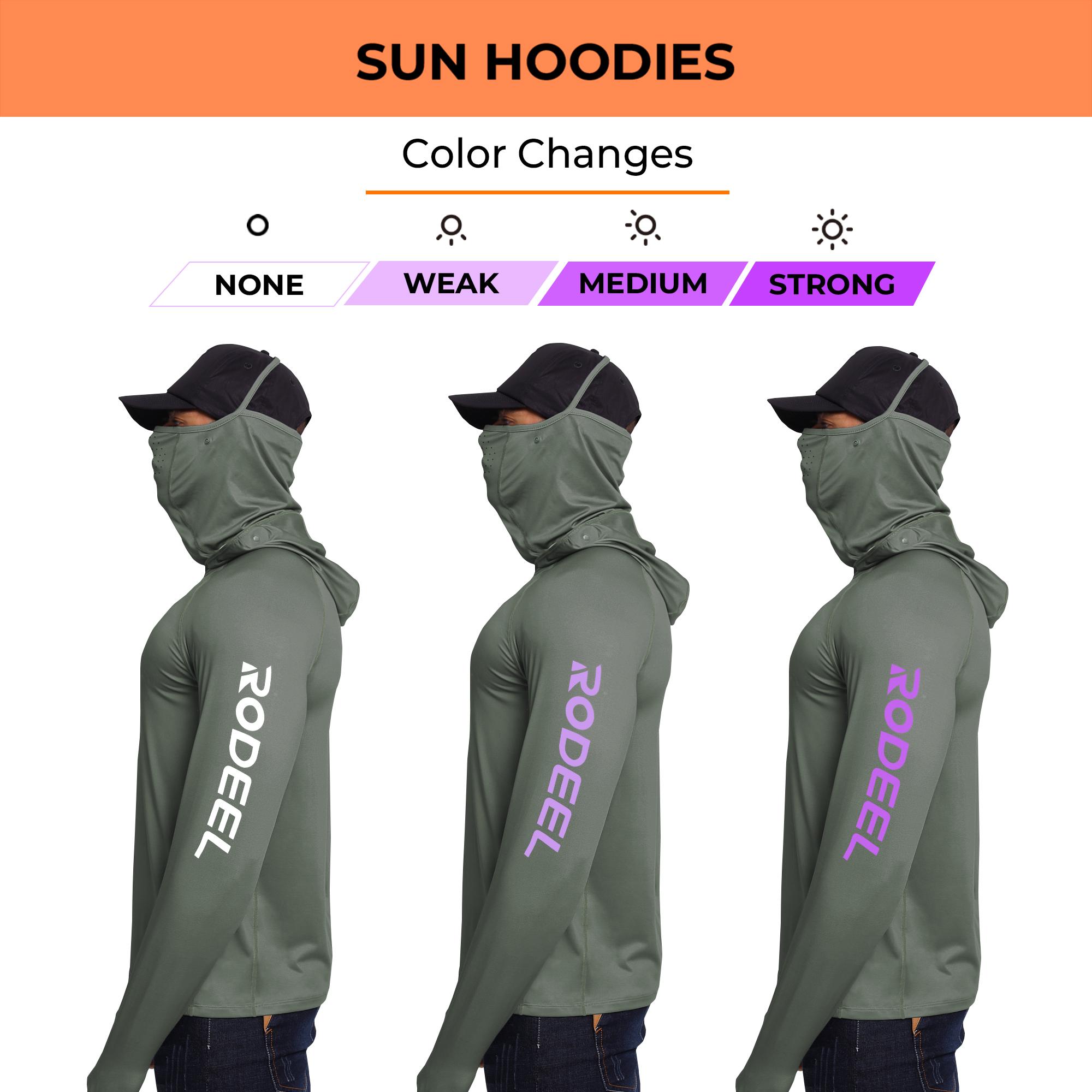 【RODEEL】936 Sun Hoodie Shirts w/ UV Detection Logo Mask Neck Gaiter Thumbhole Men UPF 100+ Sun Protection Long Sleeve Lightweight Quick Dry Moisture Wicking Breathable Cooling Athletic Activewear for Outdoor Sports Fishing Hiking Construction Roofing