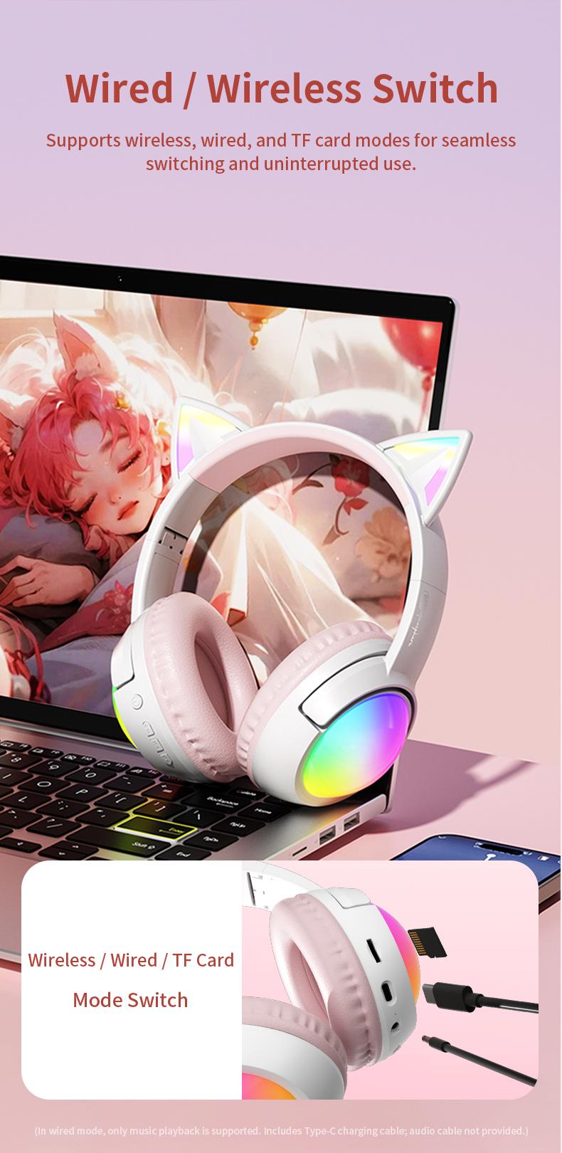 Wireless Bluetooth cat ear headphones with LED lights, foldable, over-ear design, built-in microphone, long battery life, suitable for mobile phones, tablets, iPads, and laptops. A cute gift for children, teenagers, and adults.