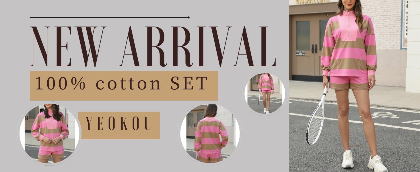 Yeokou Women's Lounge Set 2 Piece Striped Long Sleeve Quarter Zip & Short Sleeve T Shirt and Shorts for Summer & Autumn Casual Workout Tracksuit Yeokou Women's Lounge Set 2 Piece Striped Long Sleeve Quarter Zip & Short Sleeve T Shirt and Shorts for Summer & Autumn Casual Workout Tracksuit