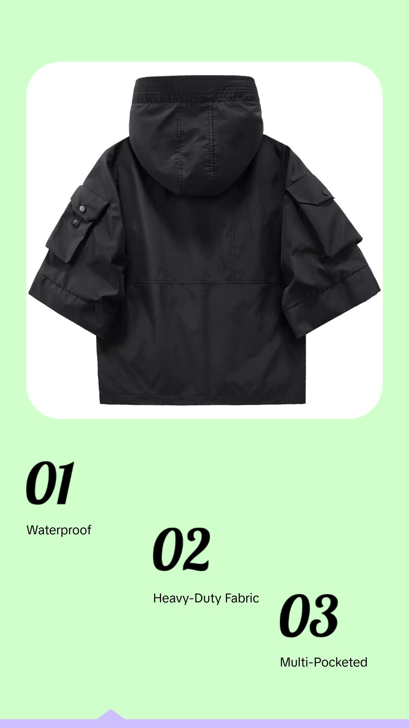 Ibj169 Niepce Black Techwear Fashion Short Sleeves Jacket with Hoodie