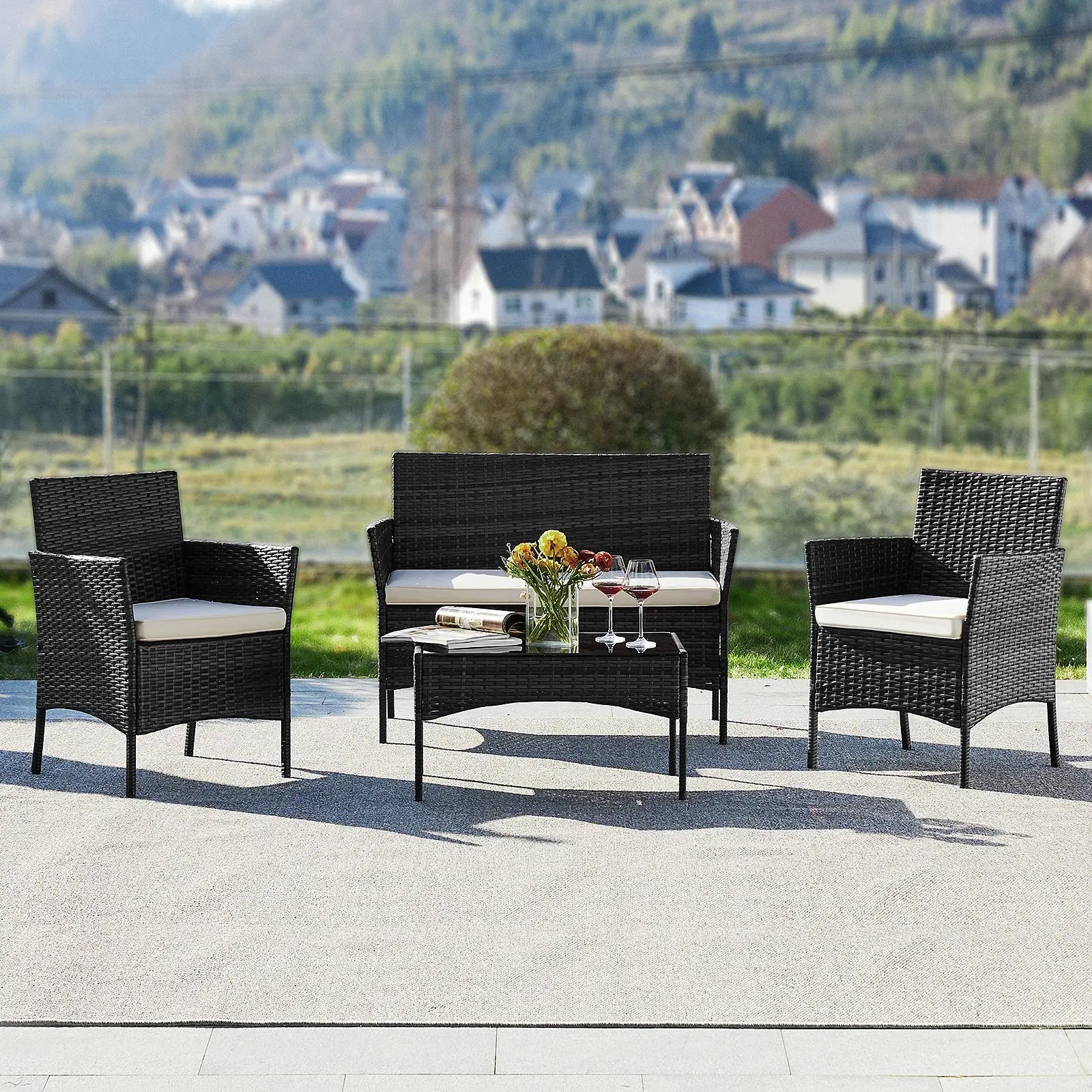4-Piece Outdoor Patio Furniture Set, Manual Weaving Wicker Rattan Chairs with Soft Cushions, Glass Table for Garden (Outdoor Furniture Sets), Patio Furniture Sets