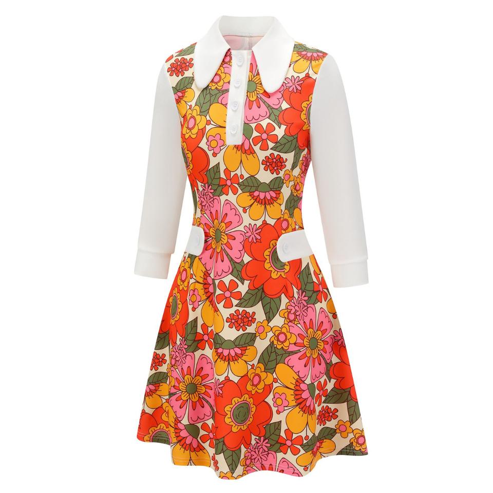 Retro Stage 1960s Orange Printed A-Line Dress with Peter Pan Collar, 3/4 Sleeves, Floral Patchwork Pockets, Lightweight for Commuting Casual Outings Womenswear