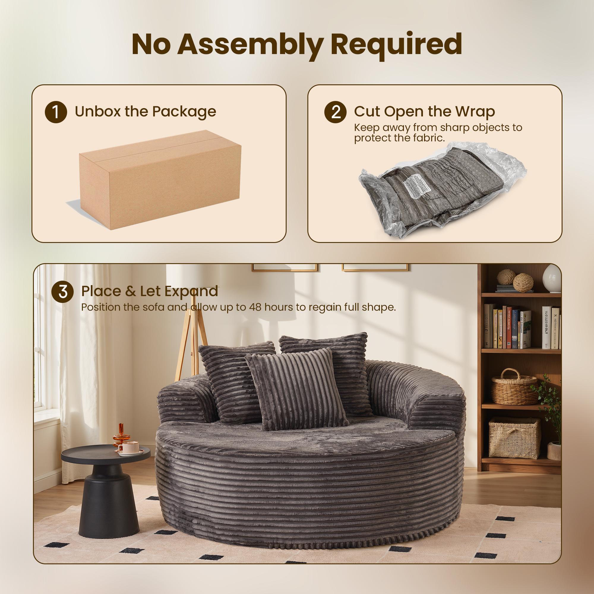 【Black Friday & Cyber Monday Deal】OOSWIFT 59" W Corduroy Single Foam Sofa, Oversized Round Chair with Pillows, Modern Sleeper for Living Rooms, Lounges, Nurseries and Projection Rooms, Wide-Arm Lounge Chair Armchair