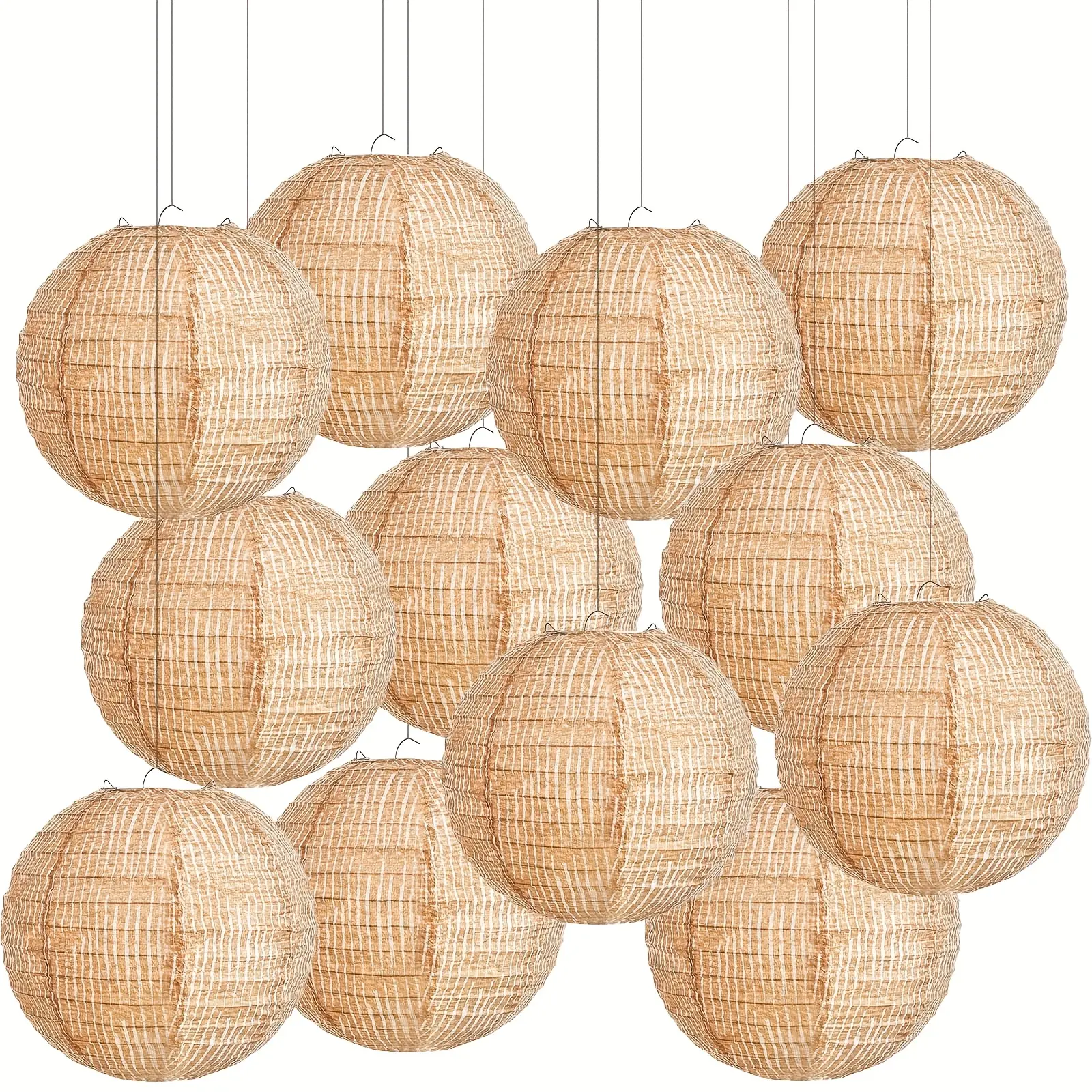 12pcs 8-Inch Burlap Fabric Paper Lanterns - Bohemian Farmhouse Chinese Hanging Decorations for Wedding, Indoor/Outdoor Rustic Vintage Ceiling Use - Easy to Hang, No Assembly Needed
