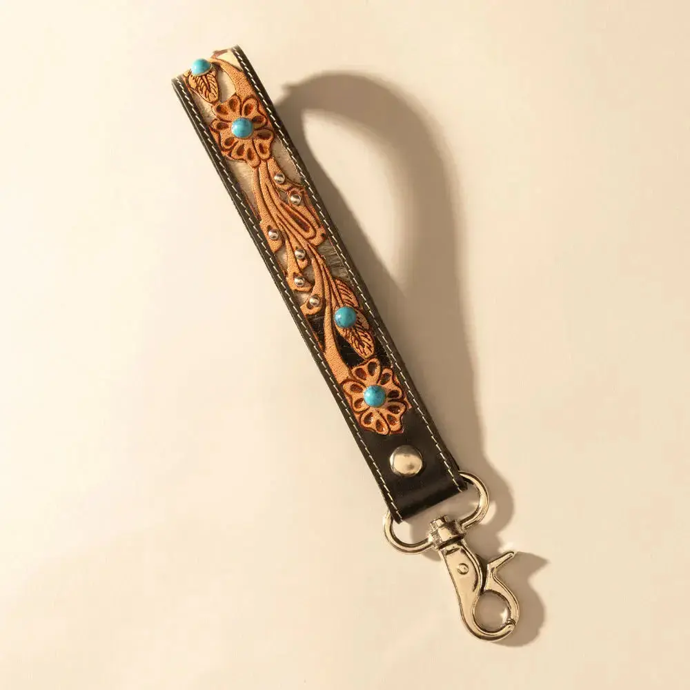 River Glen Handtooled Hairon Leather Key Fob In Espresso Turquoise