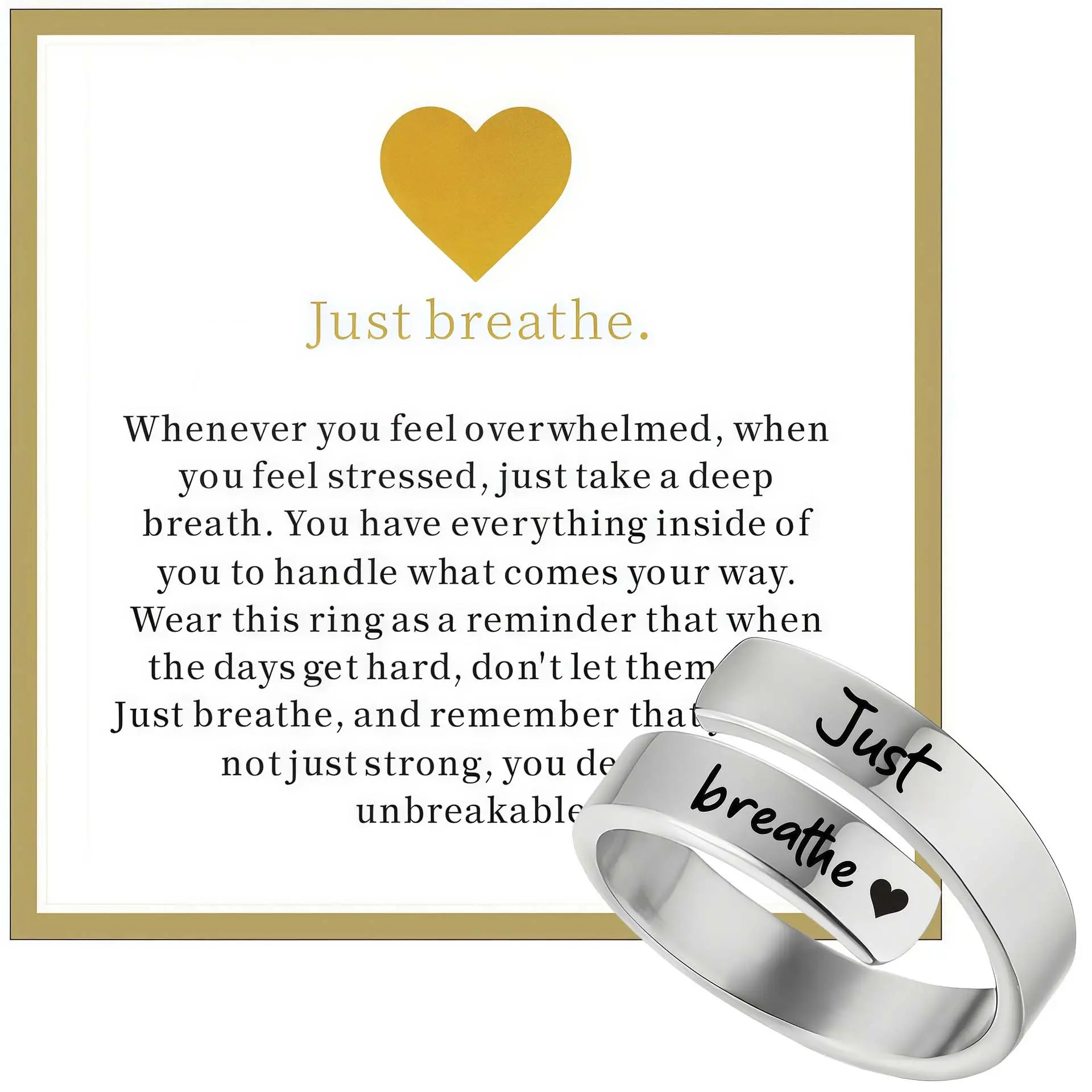Just Breathe cross-open engraved ring with card, a women's everyday gift.