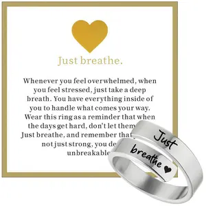 Just Breathe cross-open engraved ring with card, a women's everyday gift.