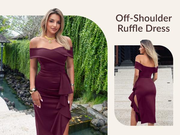 CurvySweet Off The Shoulder Formal Evening Midi Dress with Built-in Bra Bodycon Ruched Slit for Fall Wedding Guest & Cocktail Parties