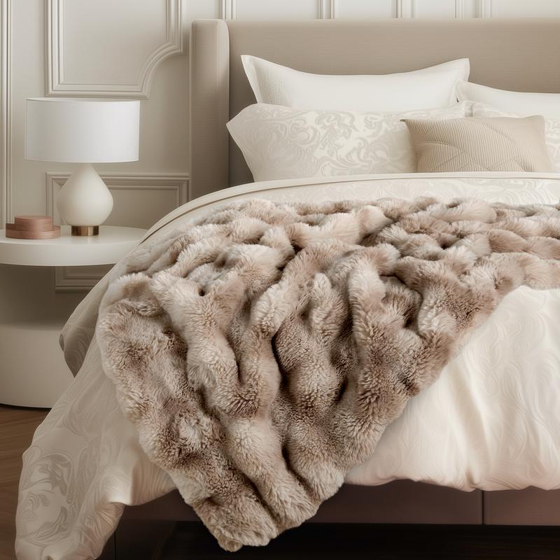 Faux Rabbit Fur Throw Blanket – Ultra Soft, Fluffy & Warm Decorative Blanket for Couch, Sofa, or Bed – 50x60 Inches, All-Season Cozy Gift, Light Taupe