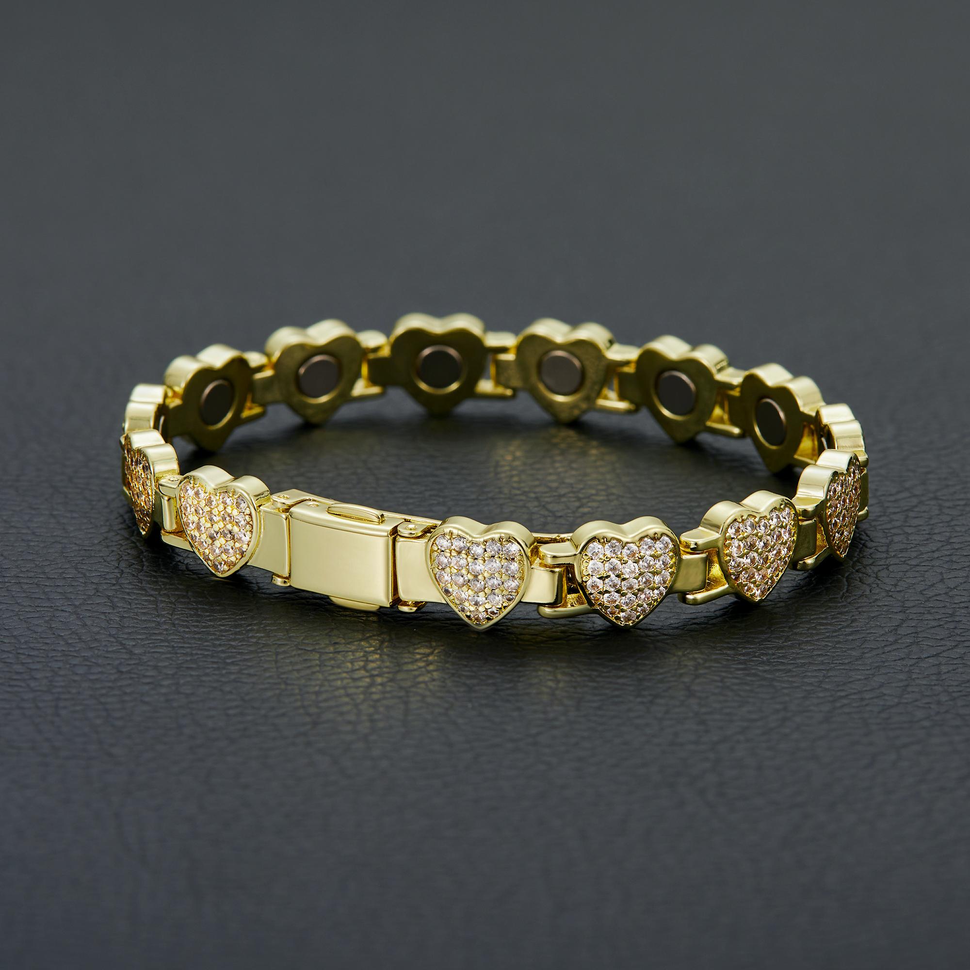 14K Gold Plated Heart Tennis Bracelet 13mm CZ Pave, 8.5 Inch Sparkly Heart Link Bracelet with Magnetic Clasp - Best Gift for Her,mom