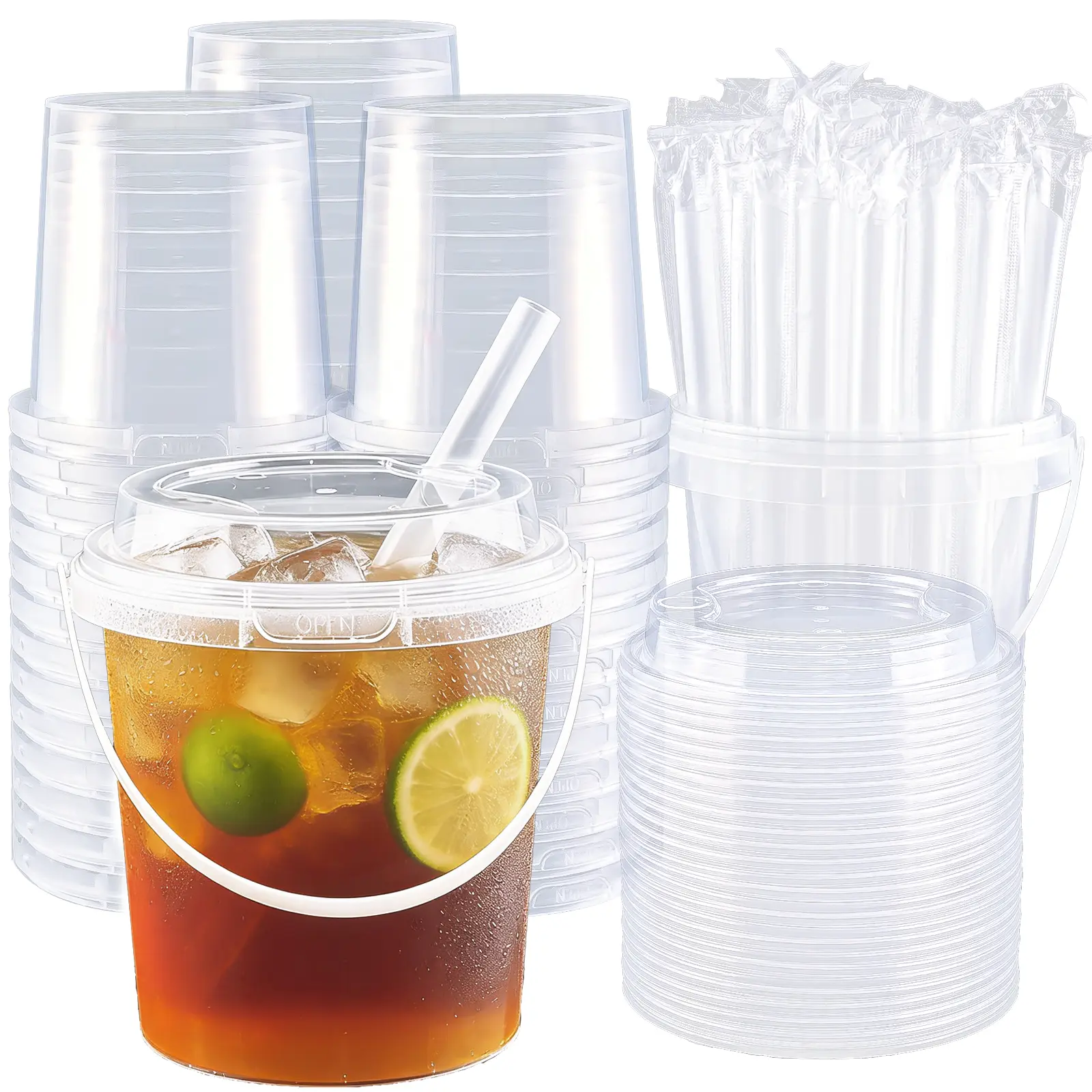 20/60 Set Thick 25 oz BPA-Free Clear Plastic Drink Bucketswith Lids, Straws & Handles Food-Safe, Reusable,Disposable, Compostable Iced Coffee Cups for Smoothies,Parties, Outdoor Use,father'sdaygifts,ice cream containers,bucket