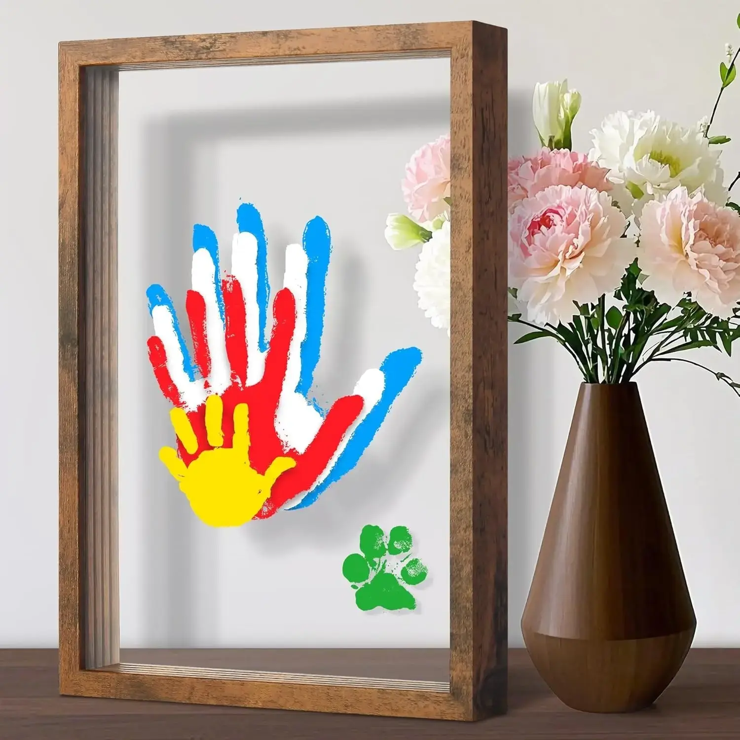 Family Handprint and Footprint DIY Kit, Memory Keepsake Frame, Customizable Color Handprint Collage Frame, Father's Day and Mother's Day Gift for New Moms, Families, Pets, Wooden Framed, Decor, Photo, Photo Decorations