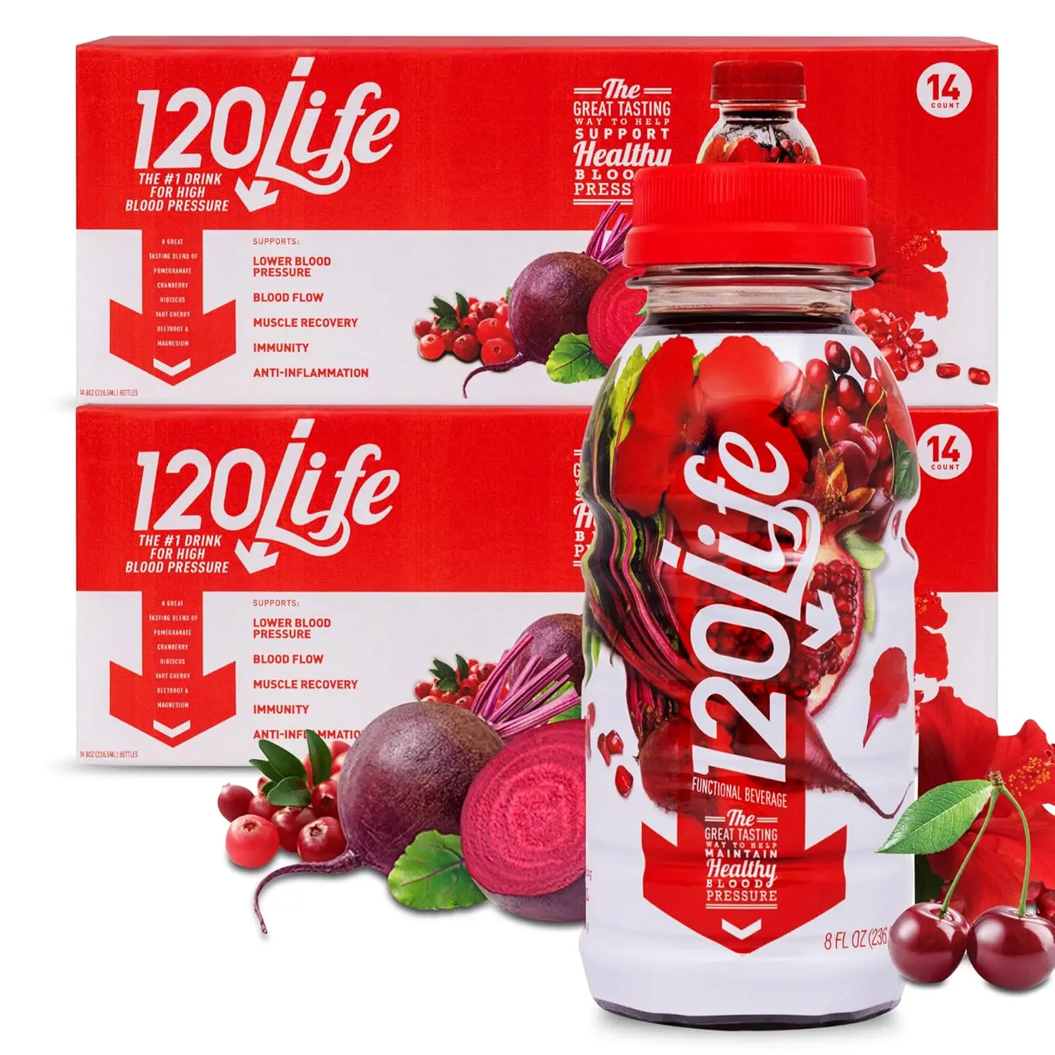 120/Life Natural Drink for High Blood Pressure (28 bottles) - Beet Root, Cranberry, Pomegranate juice, Tart Cherry, Hibiscus, and Magnesium (8 Fl Oz)