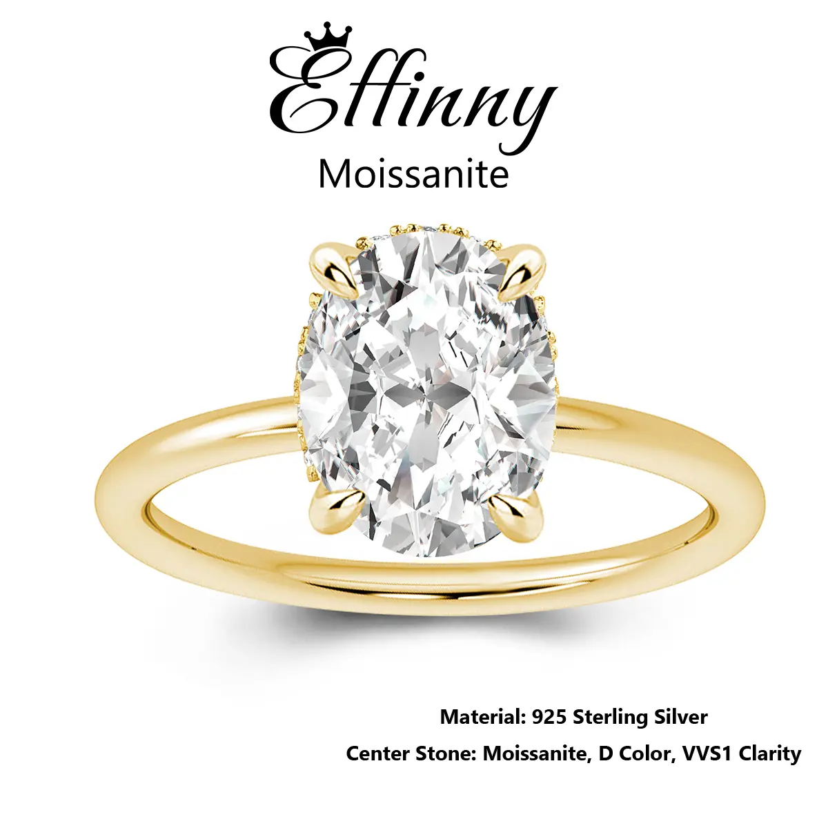 Effinny Jewelry 2.0ct Synthetic Moissanite Oval Cut Solitaire Golden Plated Engagement Ring, 925 Sterling Silver Women's Ring for Daily, Wedding, Party, Solitaire Radiant Ring, Birthday