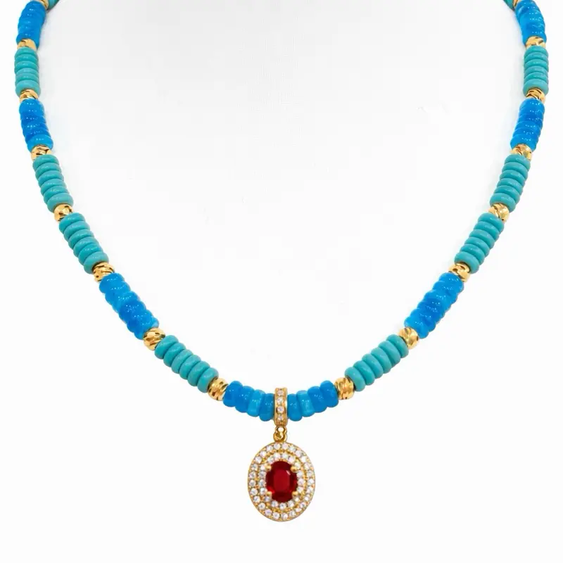 Turquesa neclace with red pendant 26 inches
