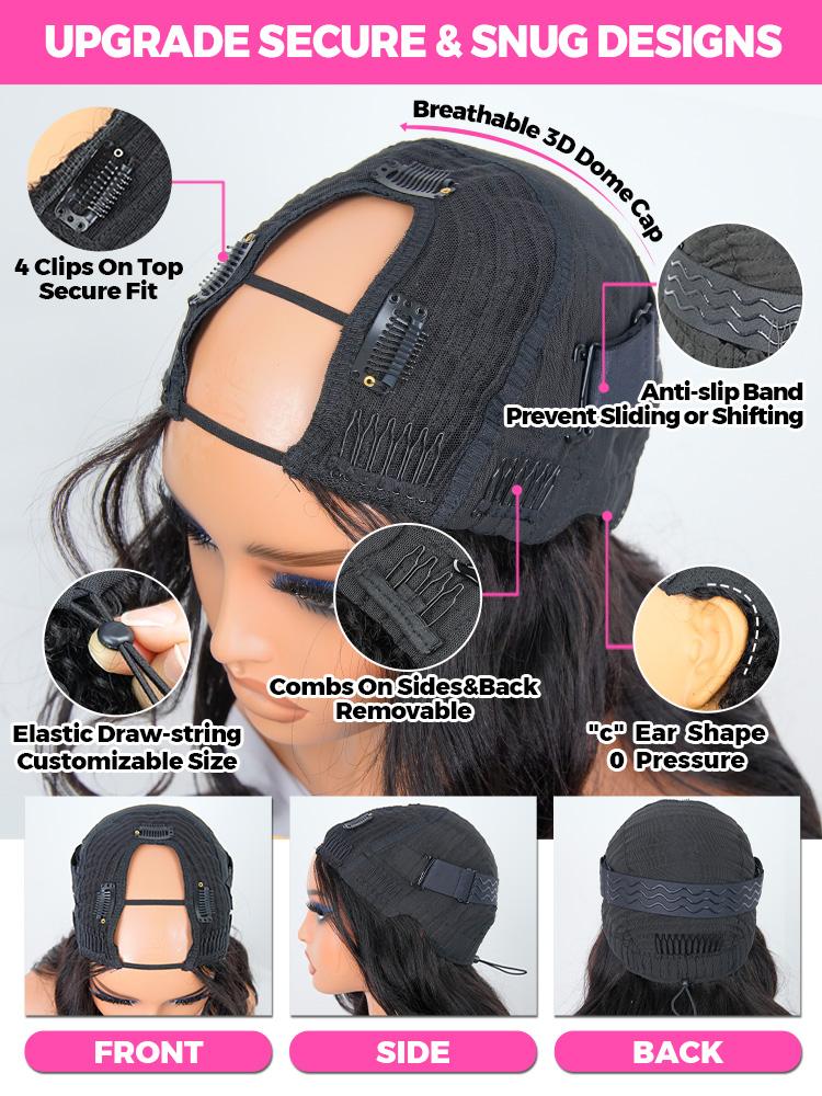 CurlyMe Pre-Styled Butterfly Cut Layered 250% Density U Part Natural Black Yaki Straight Human Hair Wigs