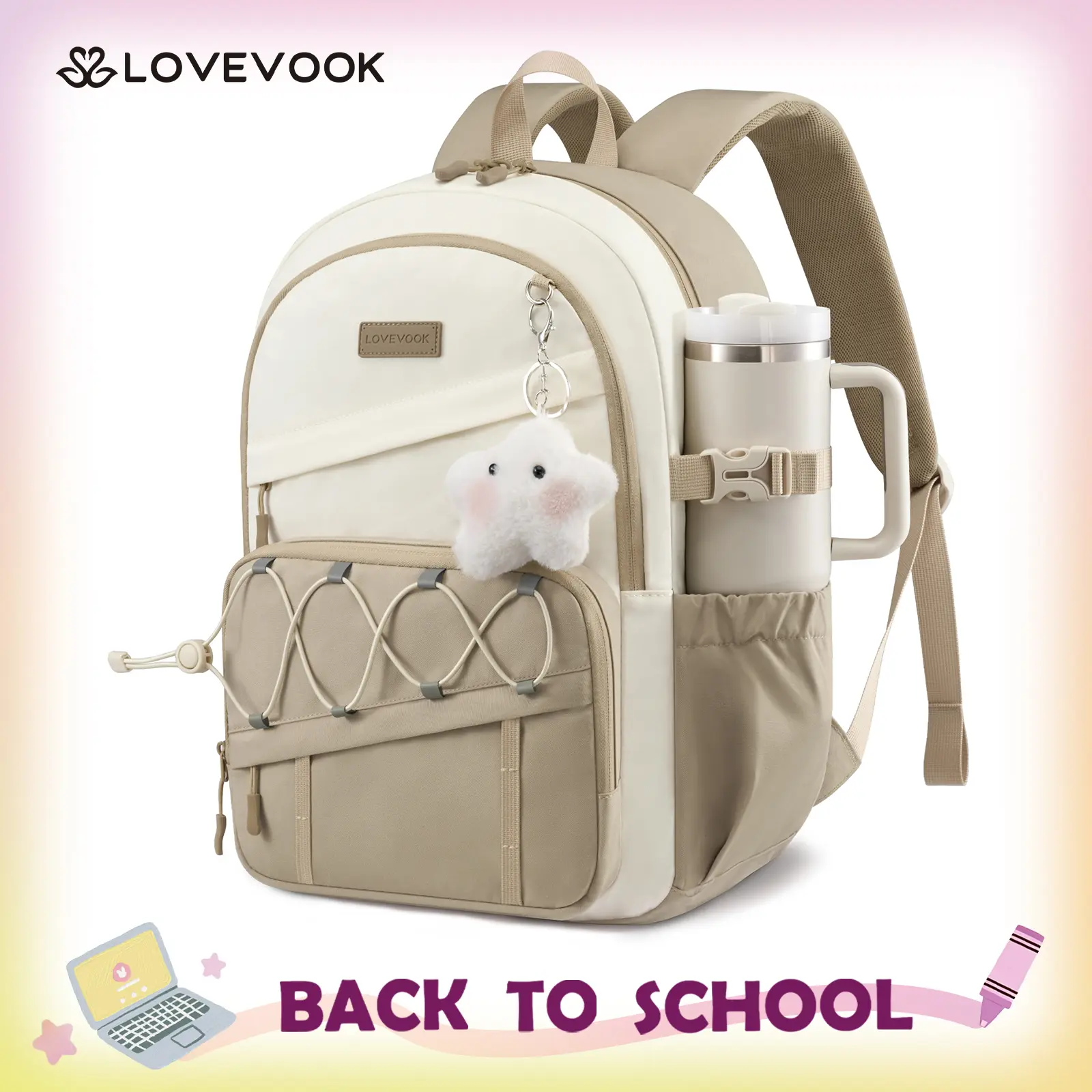 LOVEVOOK School Backpack for Teen Girls - Large Capacity College Student Laptop Backpack,Lightweight Cute Kid Bookbag with Water Bottle Holder, Ideal for school, Travel & Daily Use Fit 15.6" Laptop
