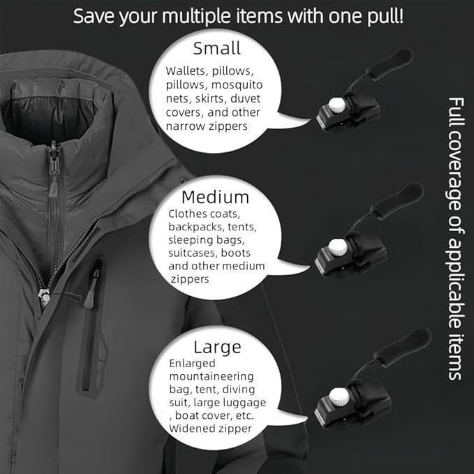 Zipper Repair Kit 6-Pack (2*Large,2* Medium, 2*Small) - Detachable，No-Sew Slider For Jackets，Luggage & Bags - Durable Black Replacement Zippers With Easy Install Tools Zipper Pull Replacement Zipper Replacement circle zipper universal zipper