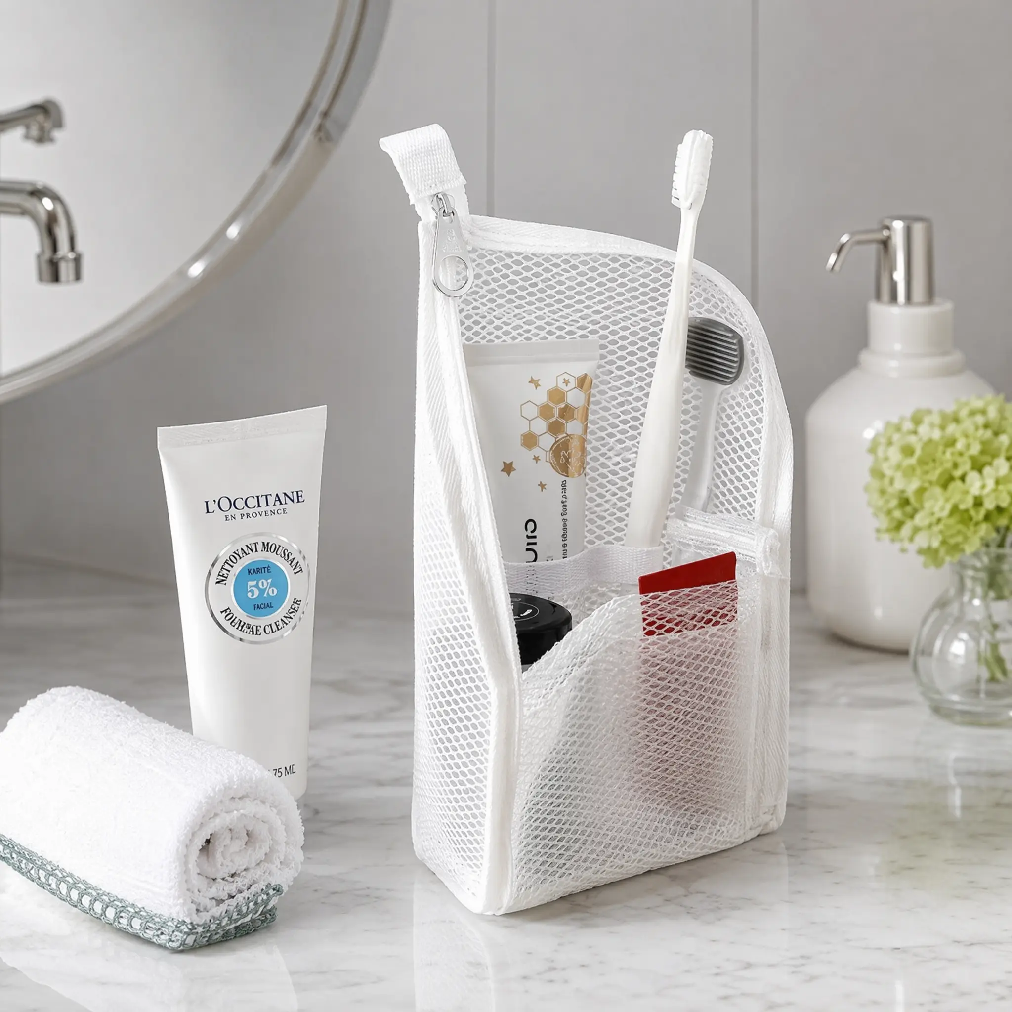 Portable Breathable Mesh Travel Toiletry Bag Multi Compartment Wash Organizer With Independent Toothbrush Slot, Quick Dry Clear Mesh Shower Storage Pouch For Gym Camping Business Trip Student Dorm Daily Bathroom Men Women