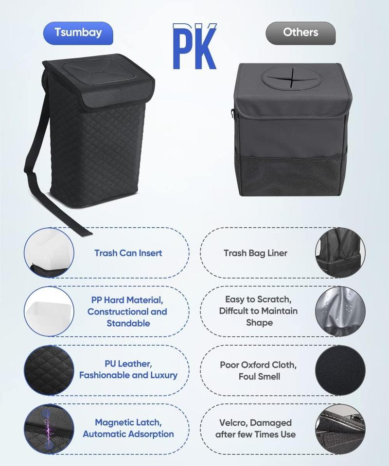 Tsumbay 2 Gallon Car Trash Can with Lid - Leakproof PU Leather Auto Garbage Bin, Removable Waterproof Liner, Hanging Car Trash Can for SUV, Truck, Travel, Camping Accessories