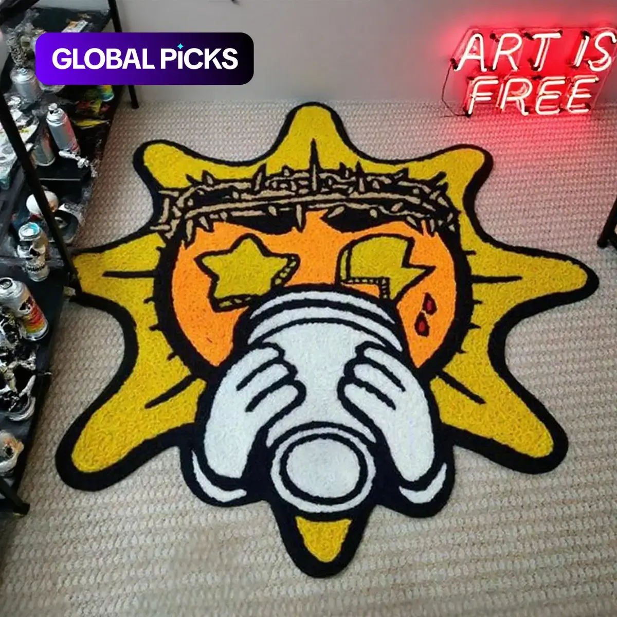 Creative Art Design Carpet Mat, Trendy Graffiti Sun Pattern Rug, soft area rug, Pet Friendly Non-Slip Thick Soft Plush Pad for Living Room Bedroom